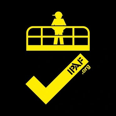 Yellow silhouette of a person on a platform above a checkmark with IPAF.org text on a black background.