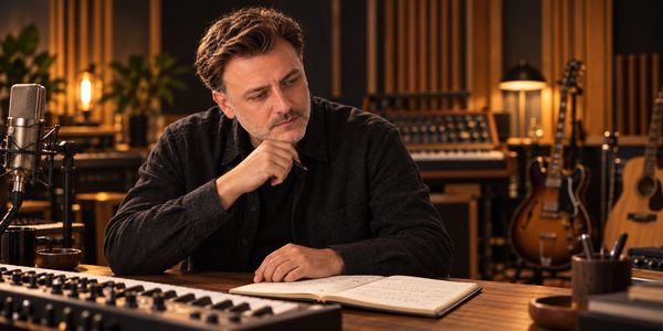 Emre Tetikel with a notebook and keyboard in a studio setting