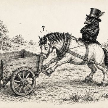 Illustration of a confused horse and a crow in a top hat on a cart.
