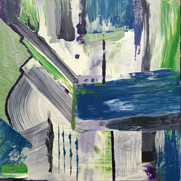 an acrylic abstract with various shades of green, blue, white, gray, and black lines