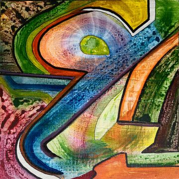an acrylic abstractwith various shades of green, blue, yellow, brown, red, orange and black lines