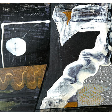 an acrylic abstract with various shades of black, silver, gold, white. 