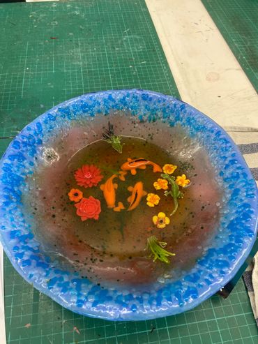 Fused glass and resin koi pond