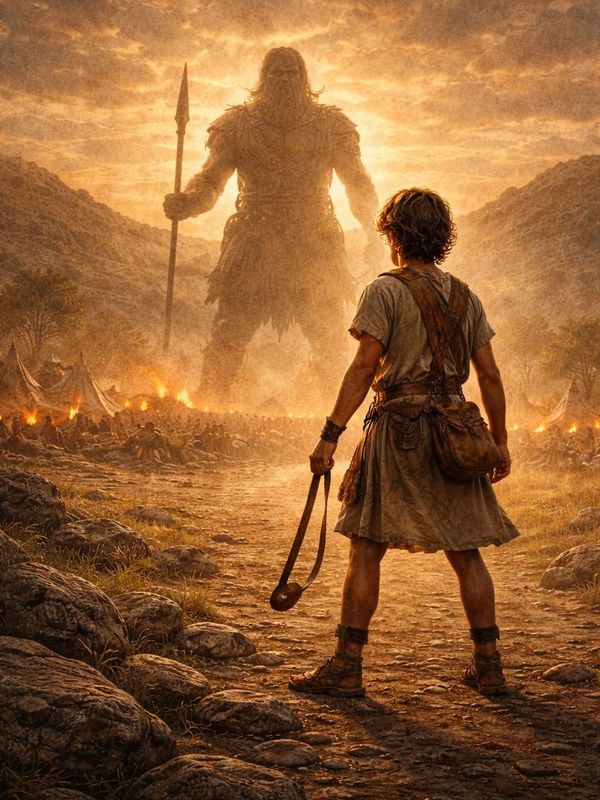 A young warrior faces a towering giant in a dramatic sunset battle scene.
