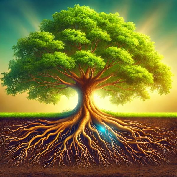 A vibrant tree with lush leaves and visible roots in rich soil, bathed in golden sunlight.
