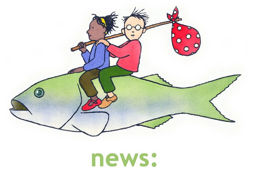 Children riding a fish. Barbara Lehman illustration sample