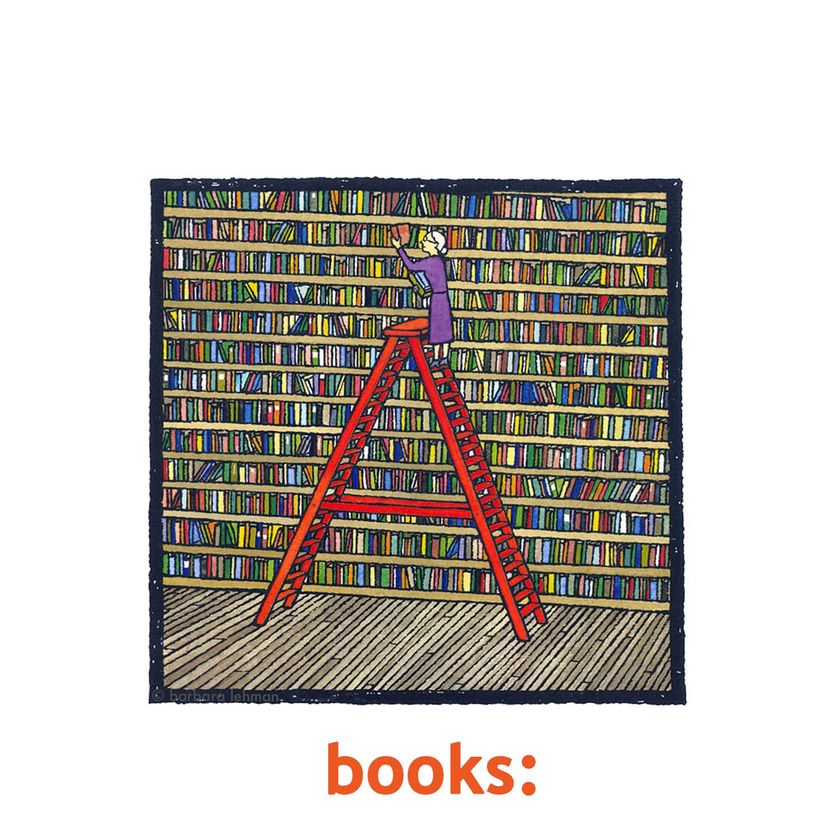 Someone on a ladder reaching for a book in a huge bookcase
