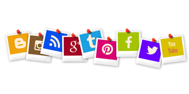 A series of photos with social media icons on each.