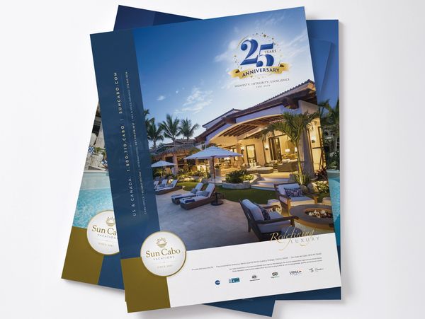 Luxury resort anniversary flyer with poolside lounge area.