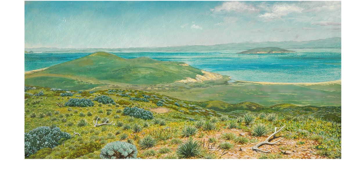 San Francisco coastal prairie 1,000 years ago. Oil on panel by Laura Cunningham. 
