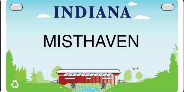 Indiana license plate with a scenic covered bridge and a river.