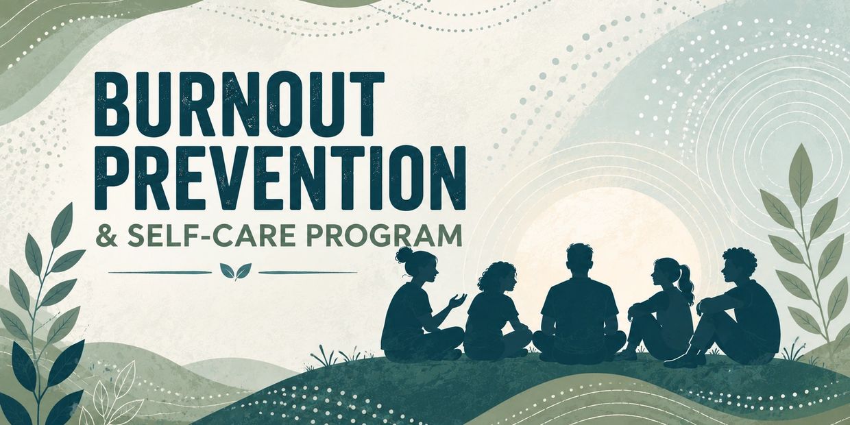 Group sitting outdoors discussing burnout prevention and self-care program.