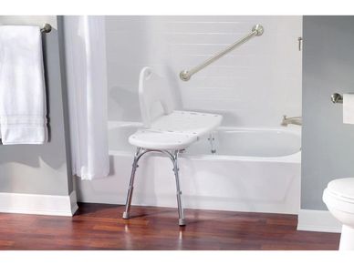 An adjustable bath shower seat helps seniors in the bath or shower safely.