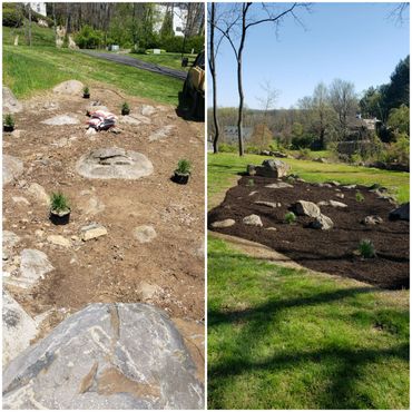 two pictures showing before and after of landscaped bed with new plants and mulch