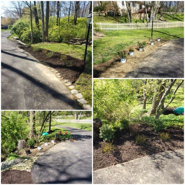 collage of landscape improvements, mulch beds and paver-lined driveway