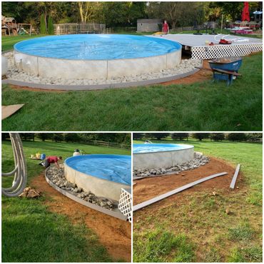 collage of hardscape improvements around above-ground pool