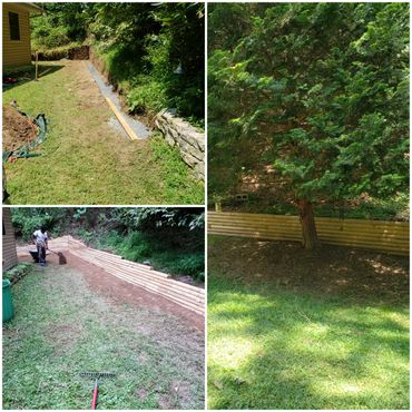 collage of landscape improvements, wood retaining wall