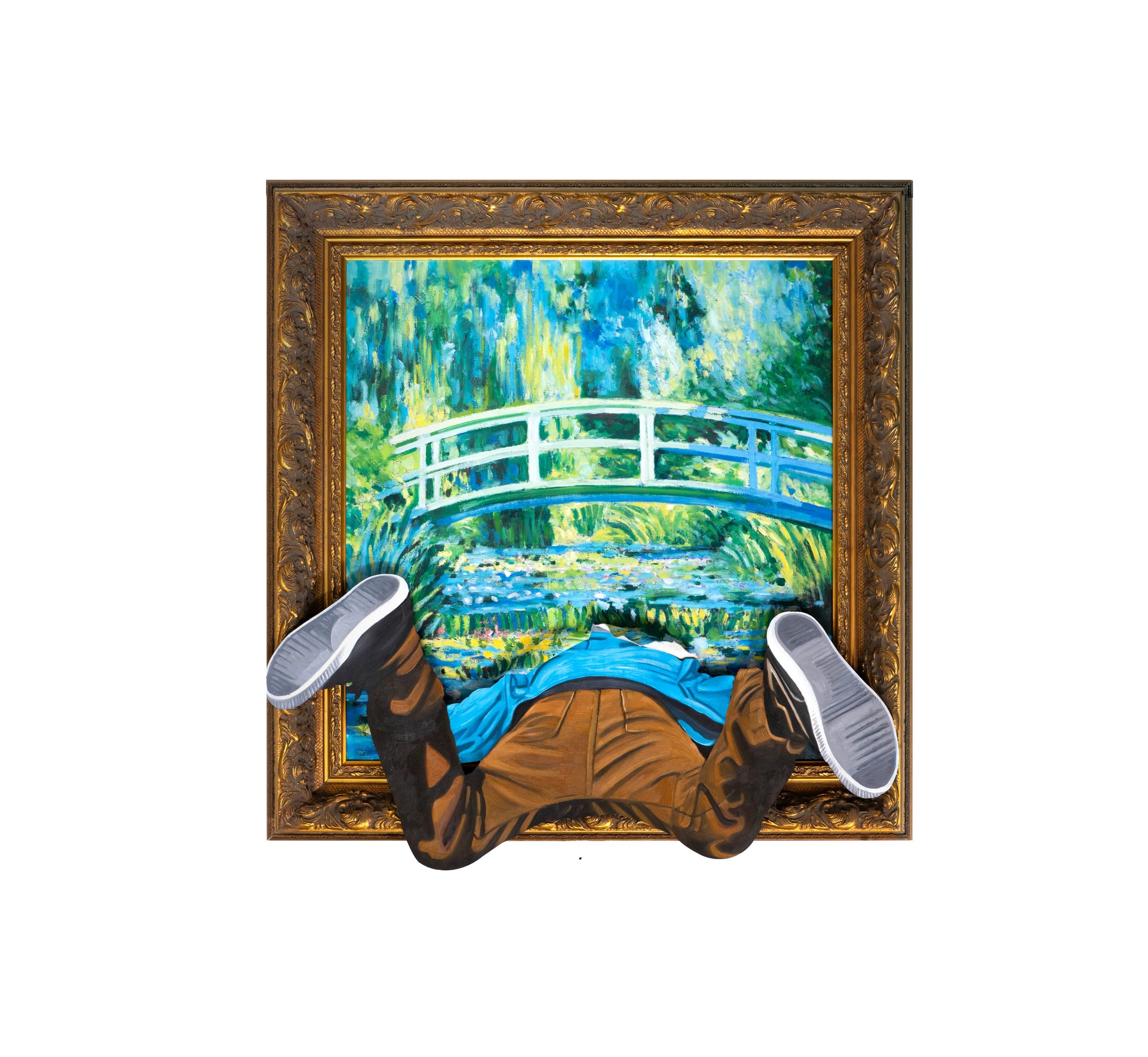 A painting of a man going inside