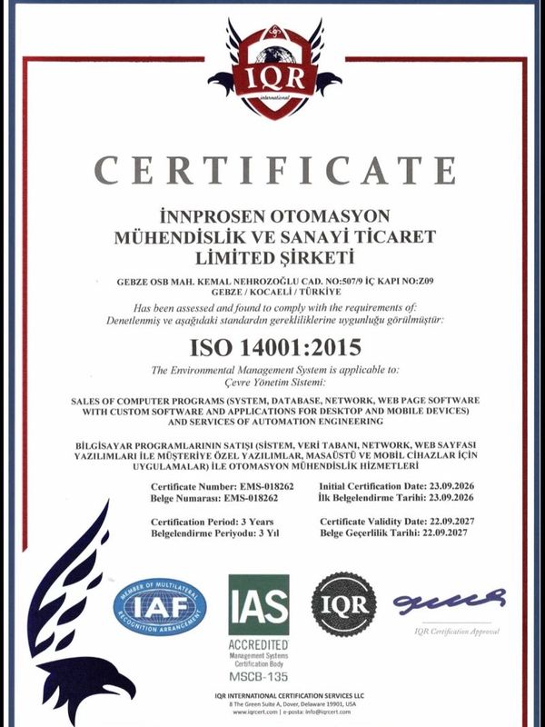 ISO 14001:2015 çevre yönetim sistemi sertifikası.