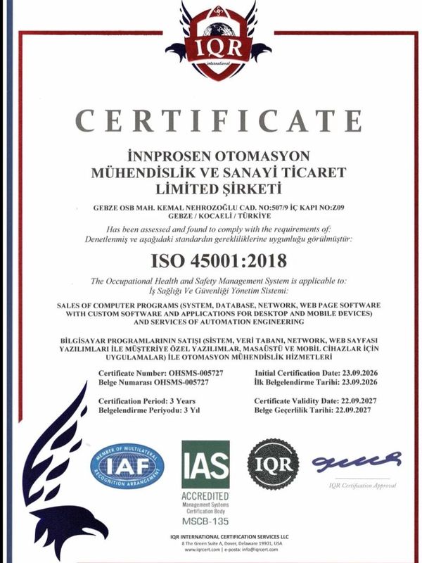 ISO 45001:2018 sertifikalı Innprosen Otomasyon şirket sertifikası.