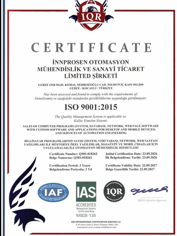 ISO 9001:2015 belgesi, Inprosen Otomasyon şirketi için.