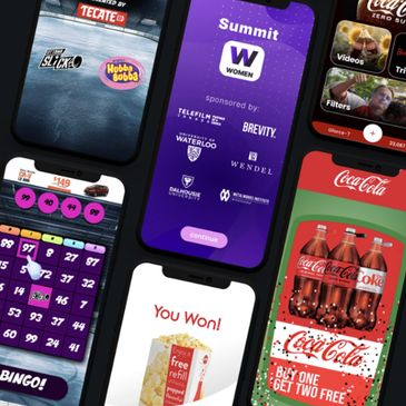 Mobile phones displaying various apps including games, promotions, and events.