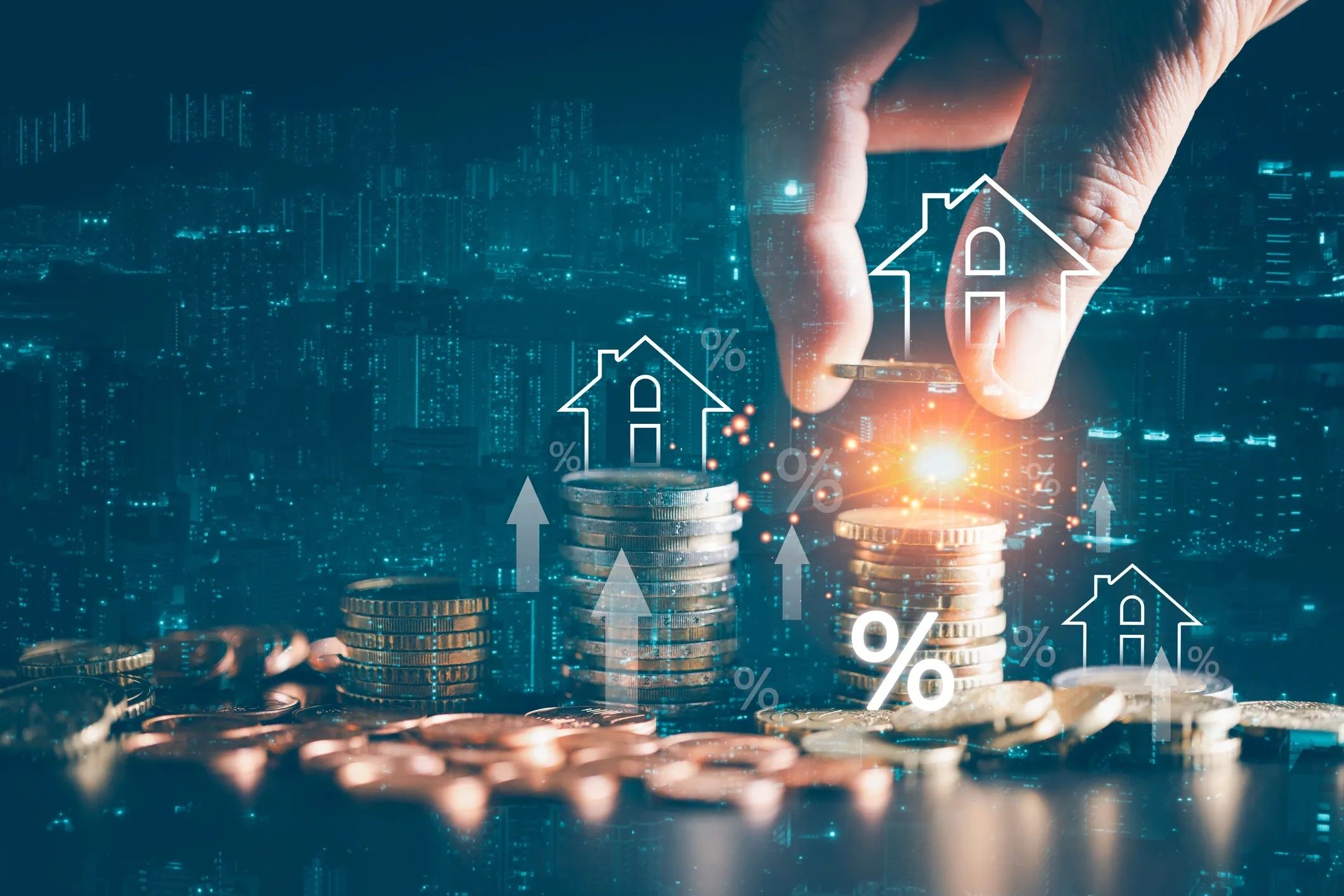 Hand placing coin on stacks with house icons and percentage symbols.