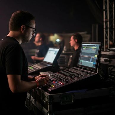A sound engineer adjusts audio levels at a live event mixing console.