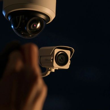 Two security cameras monitoring in the dark.