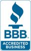 BBB Accredited Business logo with blue flame and text.