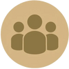 Three-person group icon in brown on beige background.