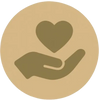 Hand holding a heart symbol inside a beige circle.