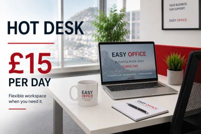Flexible hot desk workspace available for £15 per day.