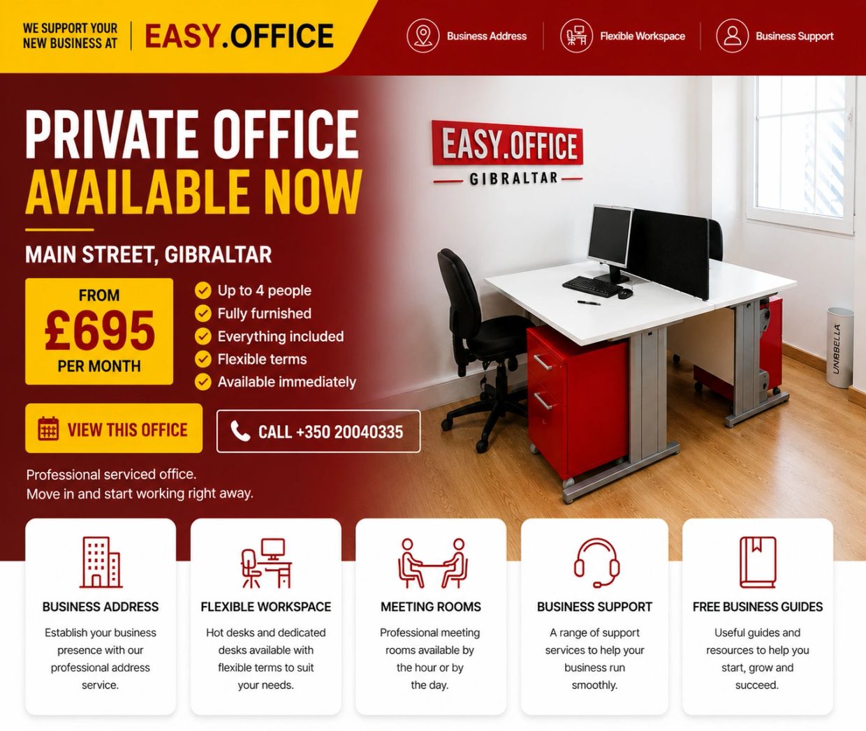 Private office available at Easy.Office Gibraltar from £695 monthly.