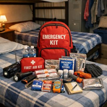 Emergency preparedness kit with essentials laid out on a bed.