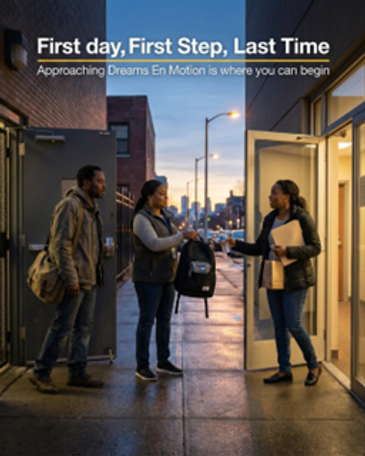 Three people meet outside a building at dusk, exchanging a backpack and documents.