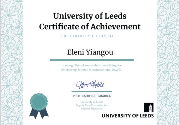 Proudly Displaying EY's Certification of Achievement as Volunteer Mentor at the University of Leeds.