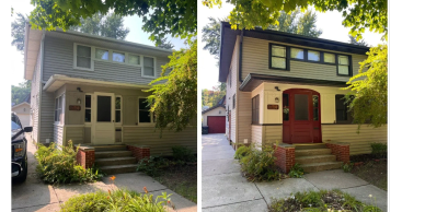 Side-by-side before and after shots of a house with a new door and trim painted red.