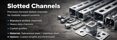 Precision-formed slotted channels and accessories for modular support systems.