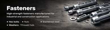 Industrial high-strength fasteners including hex bolts, nuts, washers, and stainless steel components.