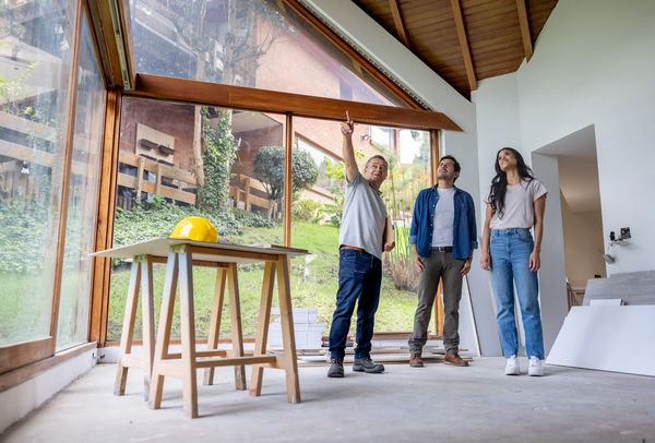 A contractor is showing a couple the interior of a house under construction.