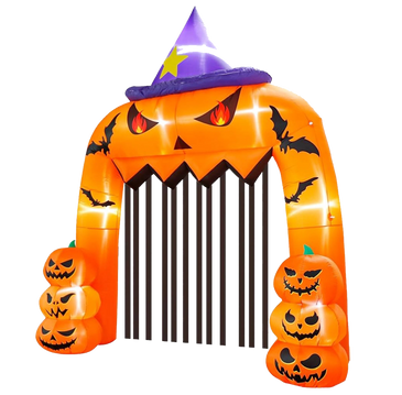Inflatable Halloween arch with pumpkins, bats, and a witch hat.