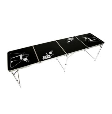 Black folding beer pong table with white graphics and aluminum legs.