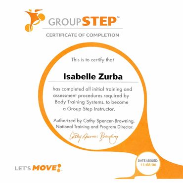 Certificate of completion for Isabelle Zurba as a Group Step Instructor.