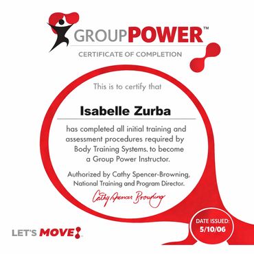 Certificate certifying Isabelle Zurba as a Group Power Instructor.