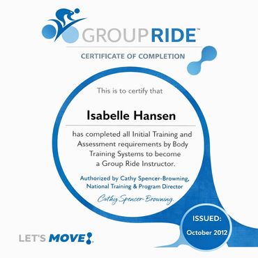 Certificate for Isabelle Hansen as a certified Group Ride Instructor issued in October 2012.