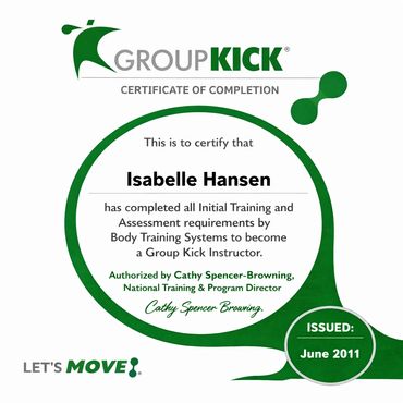 Certificate for Isabelle Hansen as Group Kick Instructor, completed in June 2011.
