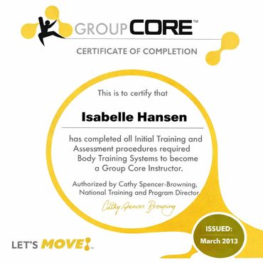 Certificate certifying Isabelle Hansen as a Group Core Instructor in March 2013.
