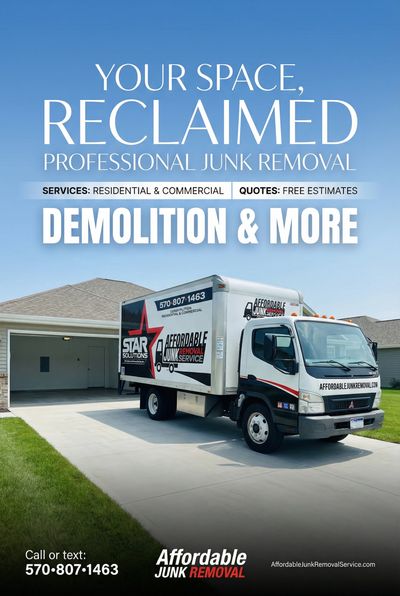 Professional junk removal truck parked in driveway with contact info and service details.