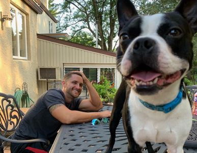 Matt Deitz, dog walker, pet sitting, dog jogging, with his Boston Terrier, Farley
